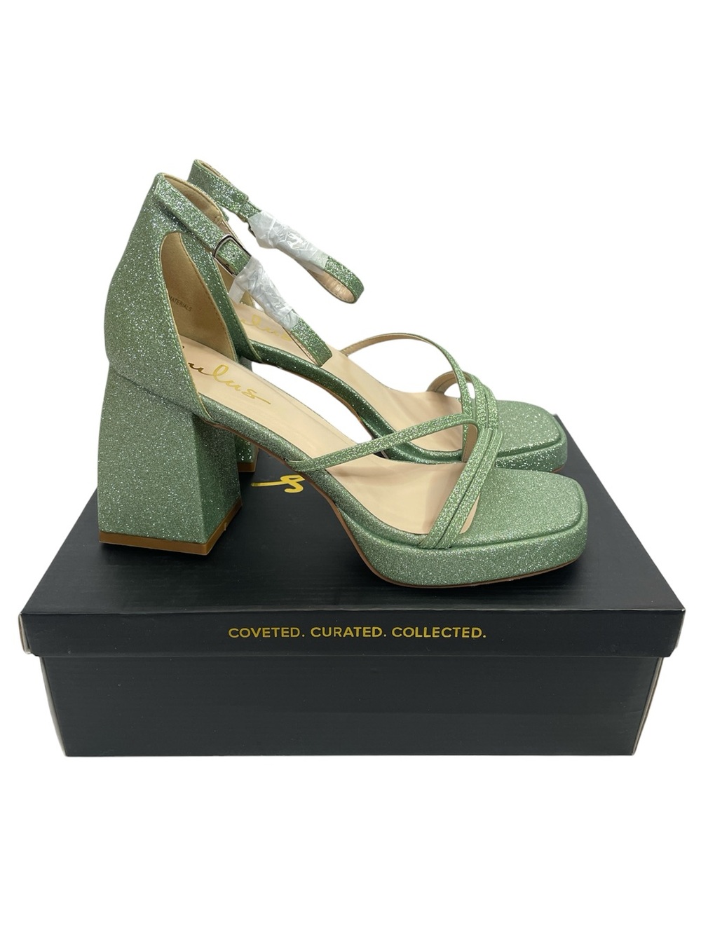 Lulu’s | Antinea Platform Block Heels Ankle Straps Green Glitter Size 8 NWT